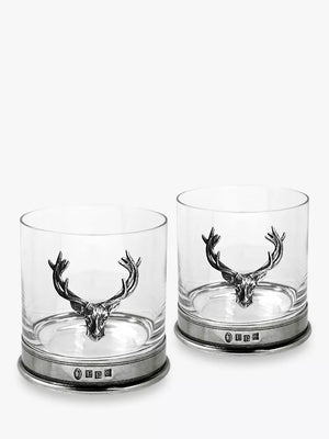 Stag Head Pewter Tumblers with Crystal Rim, Set of 2