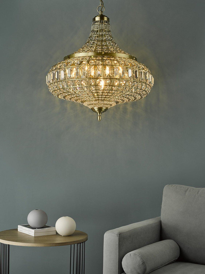 Där Asmara crystal ceiling light in antique brass - British product