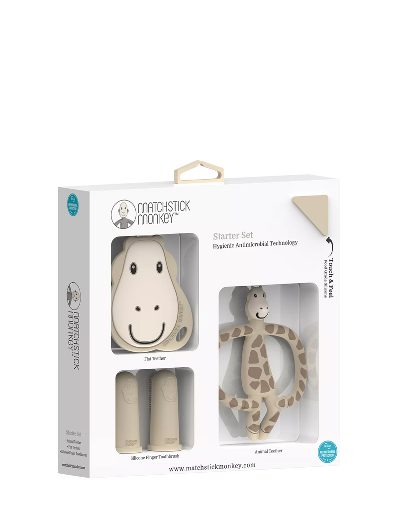 Matchstick Monkey giraffe teething set with finger toothbrush, imported from the UK