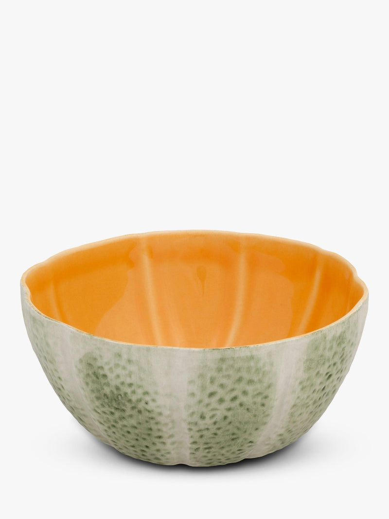 Bordallo Pinheiro melon-shaped earthenware cereal bowl in yellow and green, 15cm diameter - British product