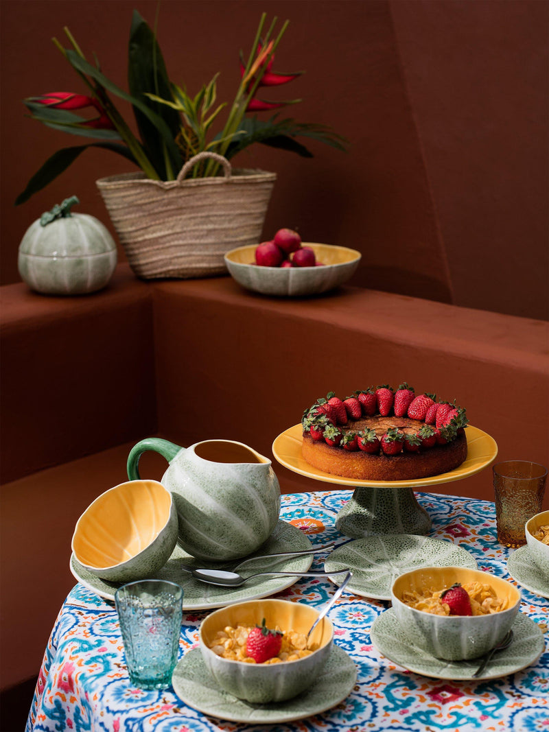 Bordallo Pinheiro melon-shaped earthenware cereal bowl in yellow and green, 15cm diameter - British product