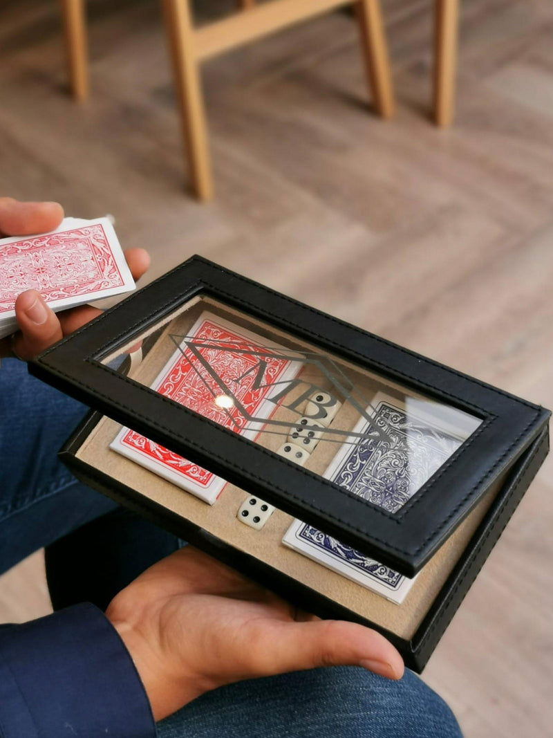 Solesmith personalised dice and card game set with charcoal lettering (British brand)