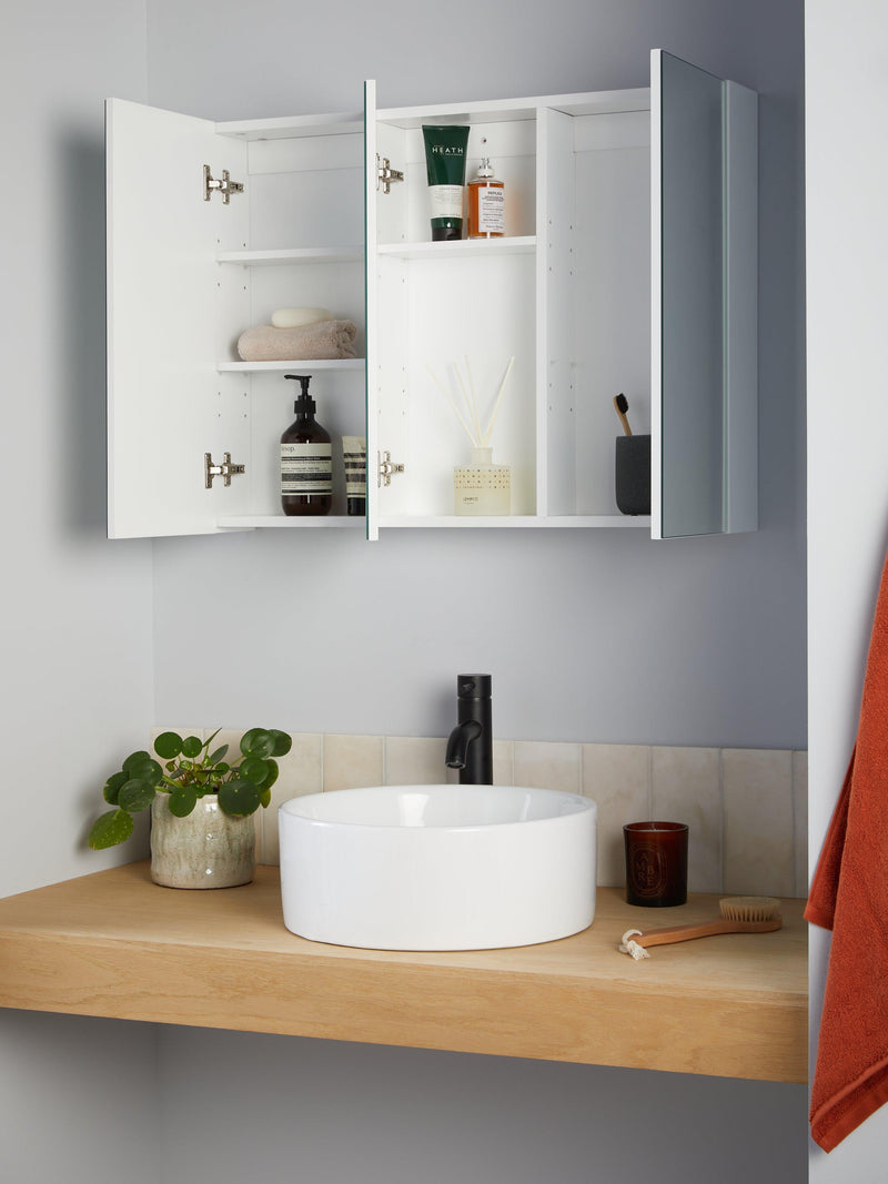 John Lewis triple mirrored white gloss bathroom cabinet, imported from the UK