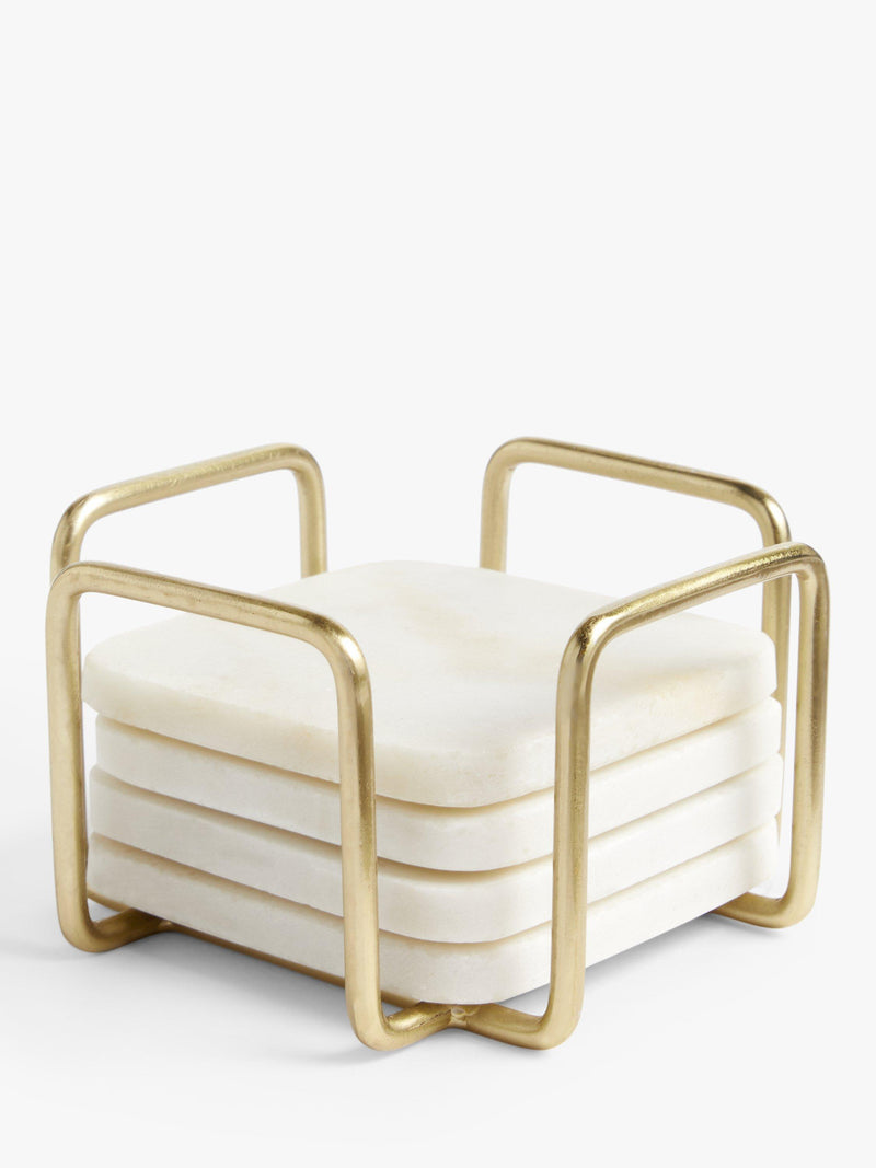 John Lewis square marble coasters with stainless steel stand, set of 4, white and gold, UK version