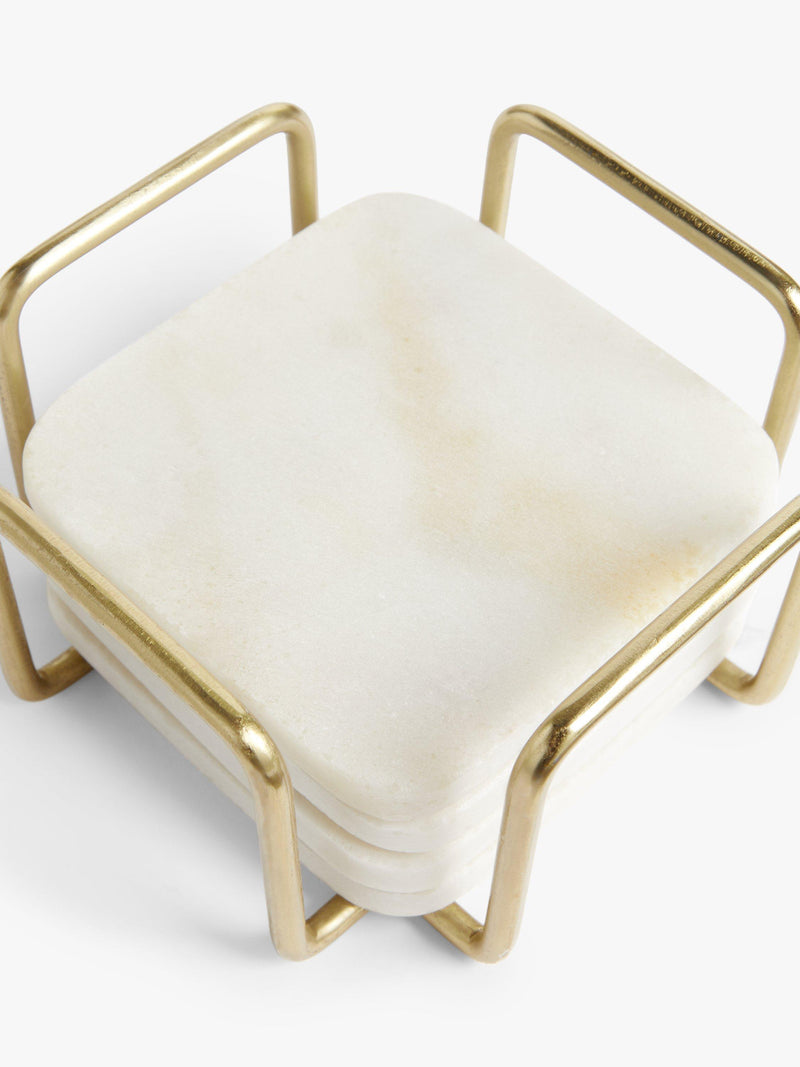 John Lewis square marble coasters with stainless steel stand, set of 4, white and gold, UK version