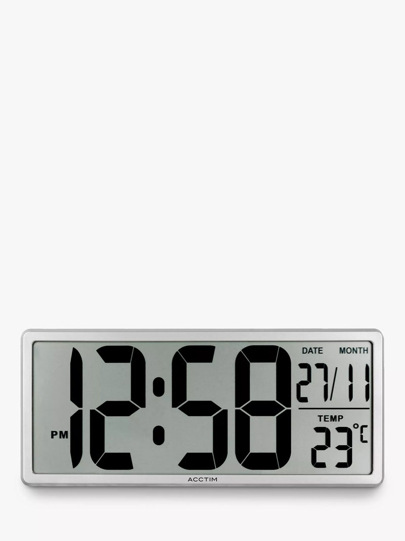 Acctim Datekeeper digital wall alarm clock in silver, imported from the UK