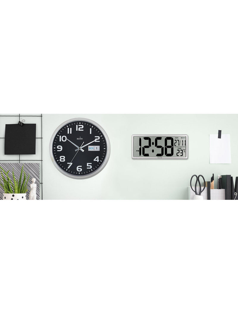 Acctim Datekeeper digital wall alarm clock in silver, imported from the UK
