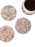 Set of four round cork coasters with recycled plastics by LIGA, UK version