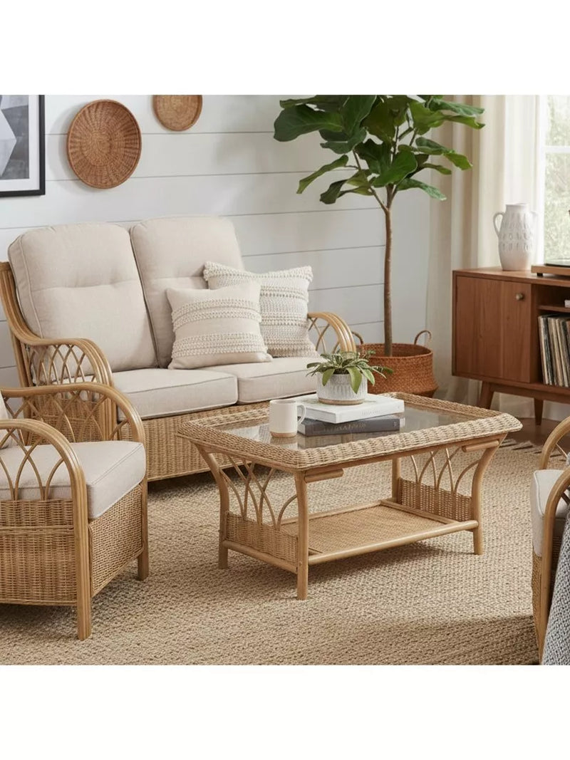 Desser Viola rattan coffee table with glass top and shelf, UK version
