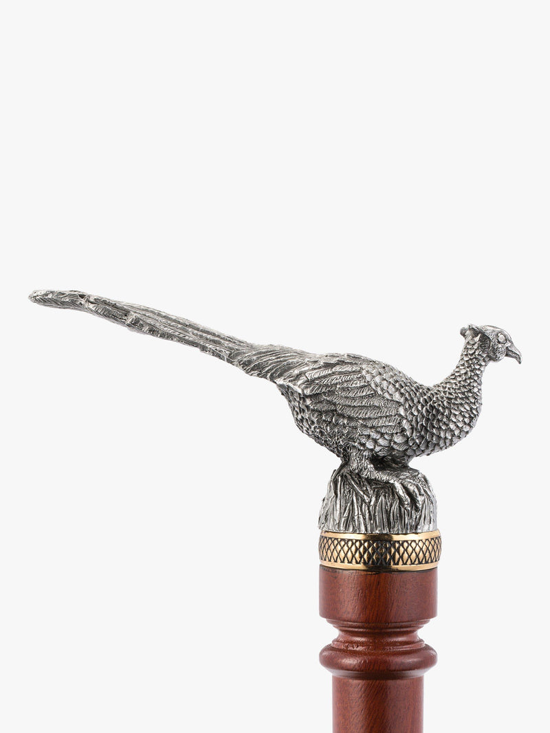 Pewter Pheasant Sculpted Walking Stick with Tan-Stained Sepetir Wood and 24K Gilded Ring
