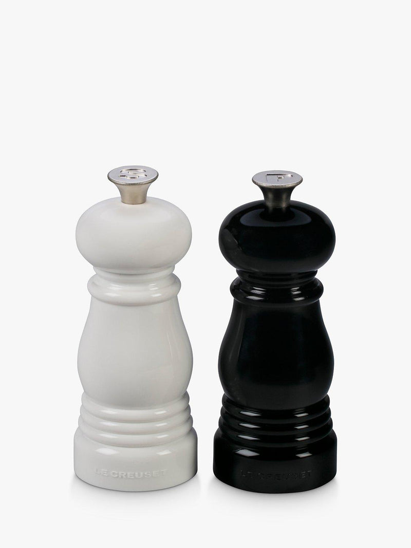 Le Creuset salt and pepper mini mills in black/white, UK version