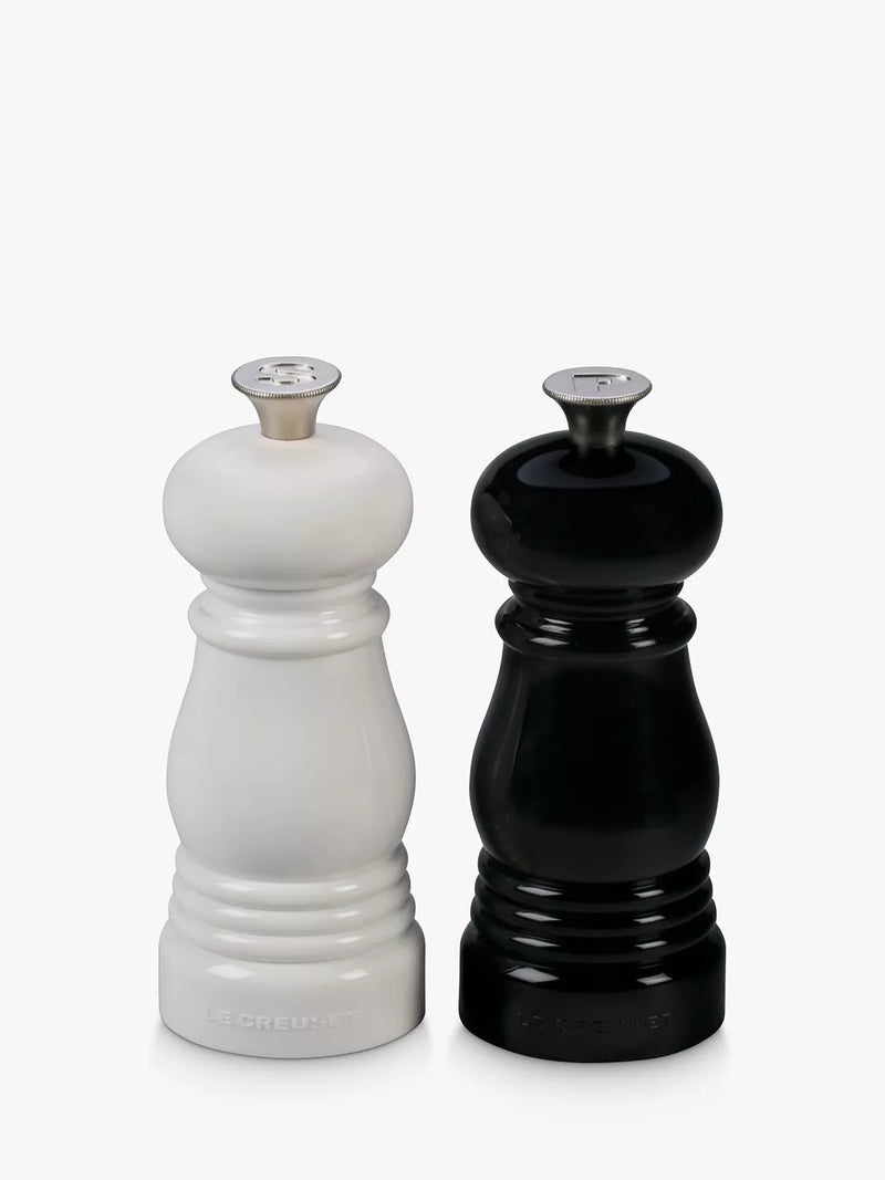 Le Creuset salt and pepper mini mills in black/white, UK version