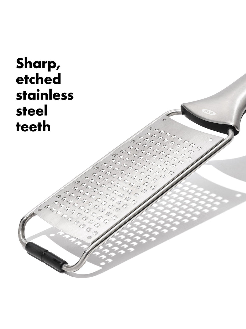 OXO etched stainless steel fine grater non-slip handle, UK version