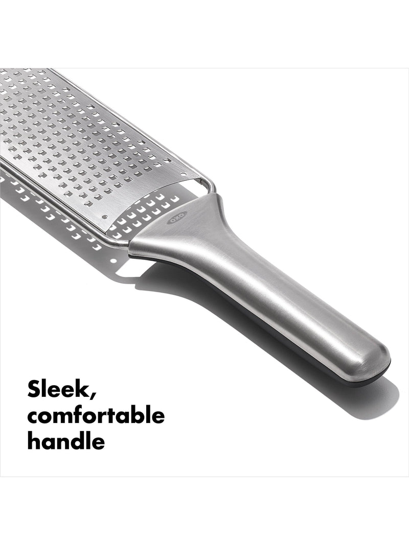 OXO etched stainless steel fine grater non-slip handle, UK version