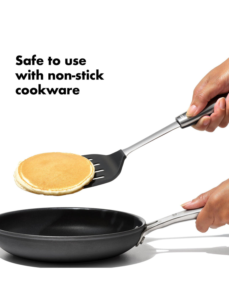 OXO stainless steel slotted turner with flexible silicone head, imported from the UK