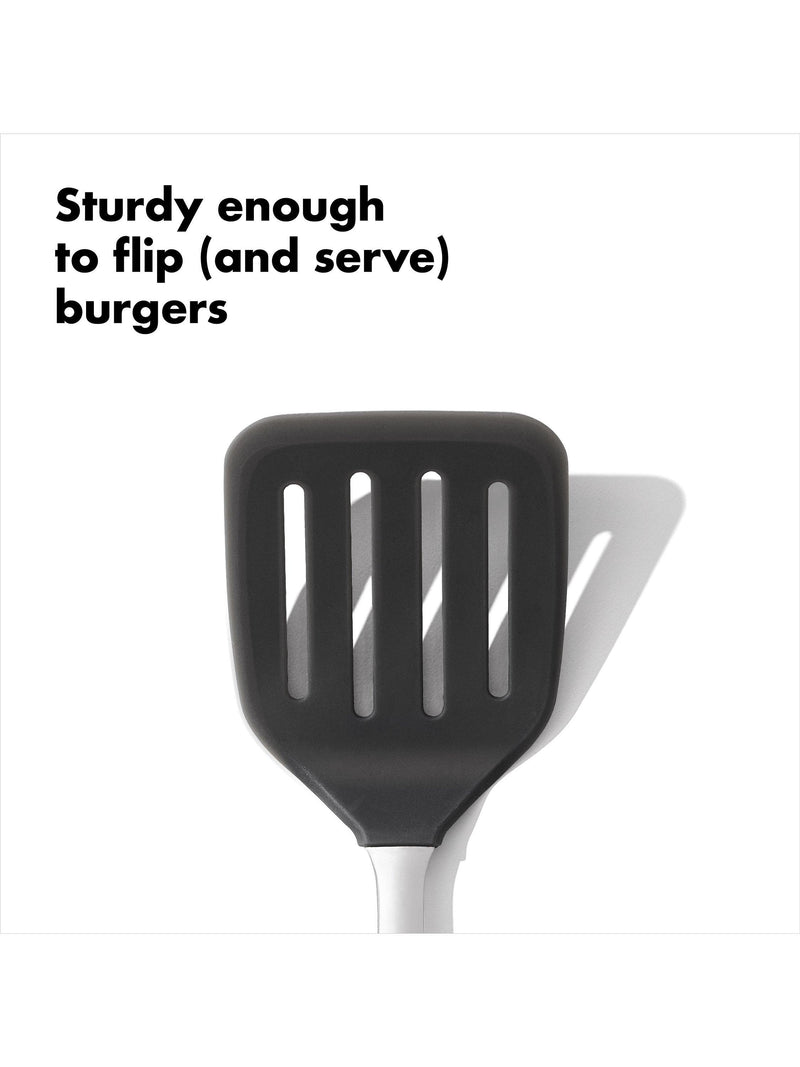 OXO stainless steel slotted turner with flexible silicone head, imported from the UK