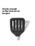 OXO stainless steel slotted turner with flexible silicone head, imported from the UK