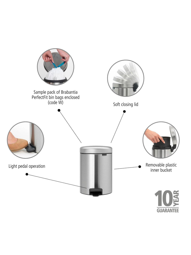 Brabantia newIcon fingerprint proof pedal bin in Matt Steel 5L - British product
