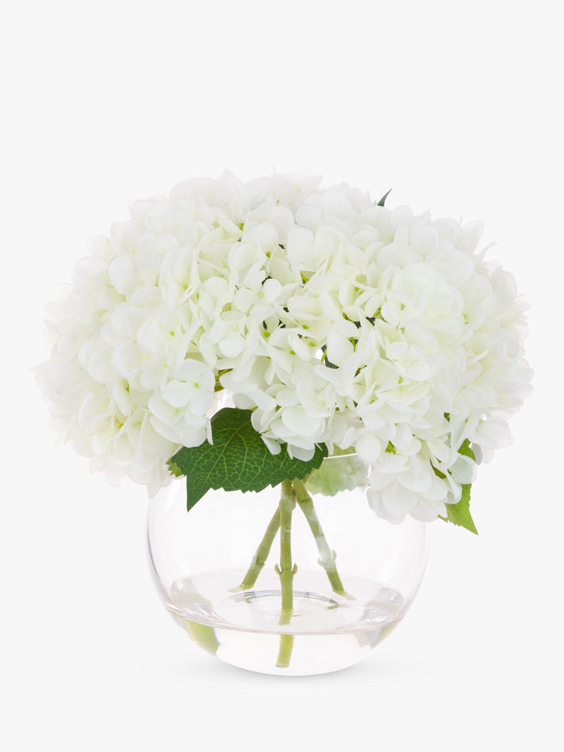 Floralsilk white artificial hydrangeas in globe vase - British product