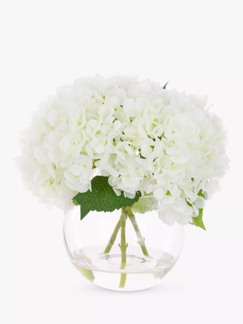 Floralsilk white artificial hydrangeas in globe vase - British product