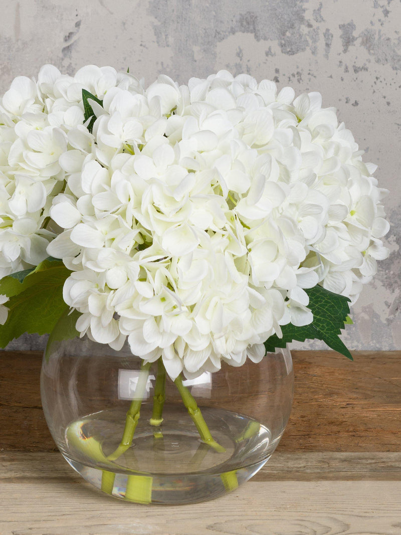 Floralsilk white artificial hydrangeas in globe vase - British product