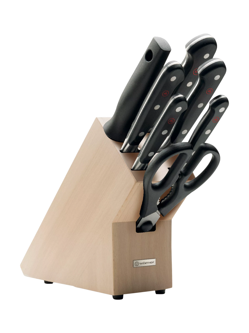 WÜSTHOF 8-piece knife block set with five knives and honing steel (British brand)
