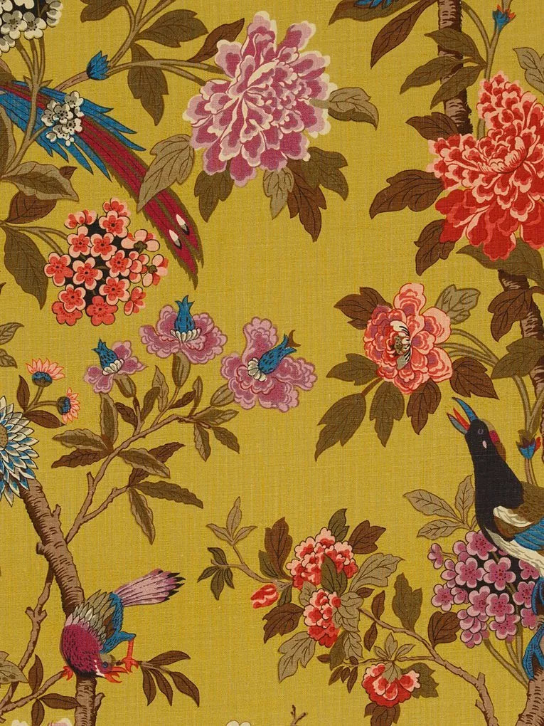 GP & J Baker Hydrangea Bird curtains ochre (British brand)