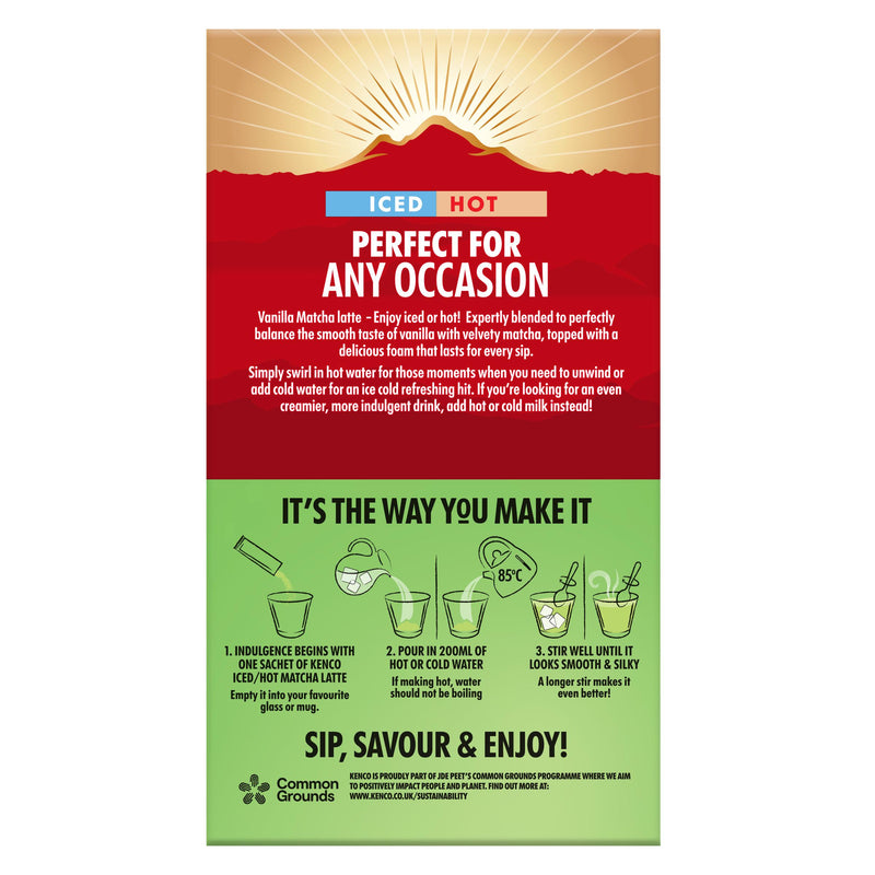Kenco Vanilla Matcha Latte sachets 8 pack, imported from the UK