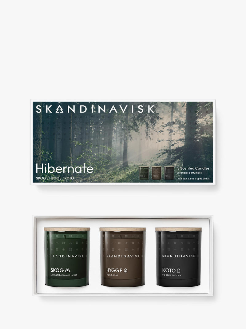 SKANDINAVISK Hibernate gift set with three mini scented candles and beechwood lids, 3 x 65g (British brand)