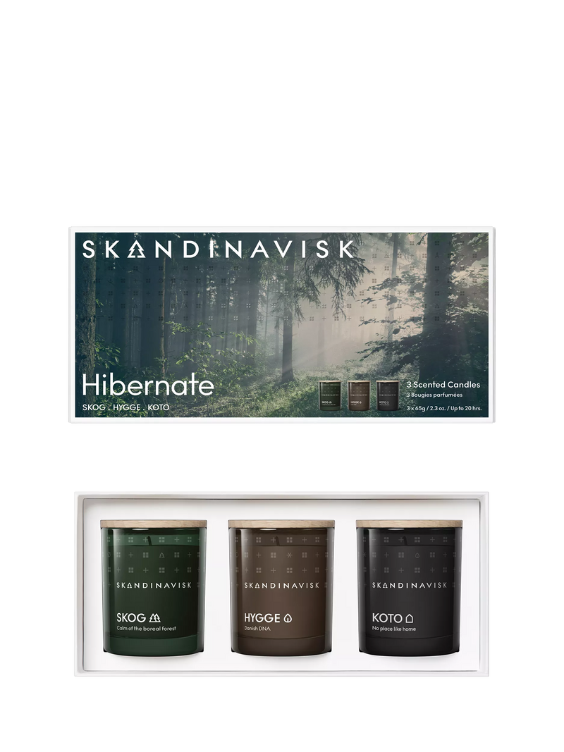 SKANDINAVISK Hibernate gift set with three mini scented candles and beechwood lids, 3 x 65g (British brand)