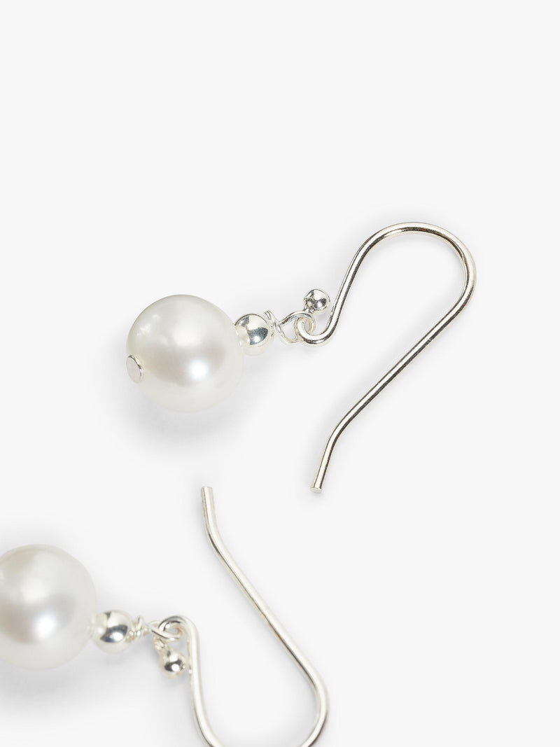 Lido freshwater pearl drop earrings in rhodium plated sterling silver, UK version