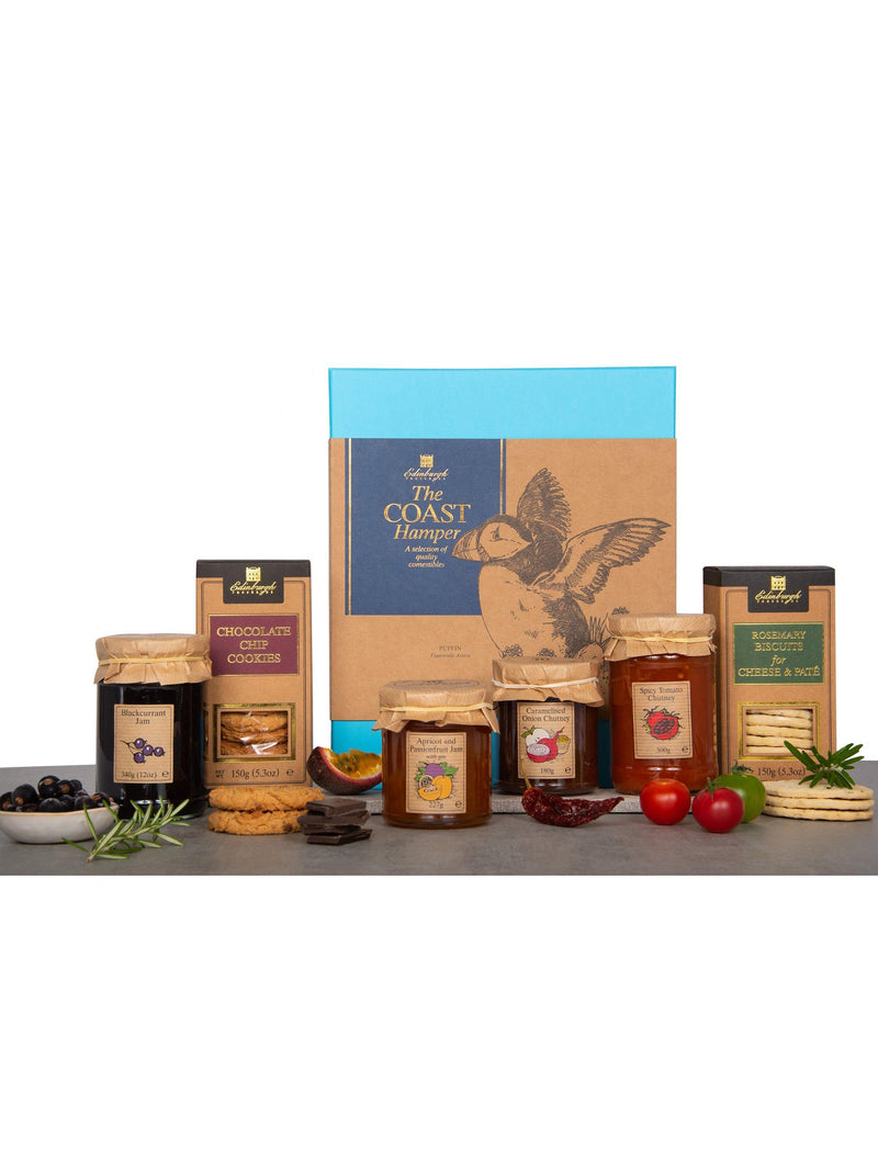 Edinburgh Preserves The Coast Hamper with assorted jams, chutneys, and biscuits - British product