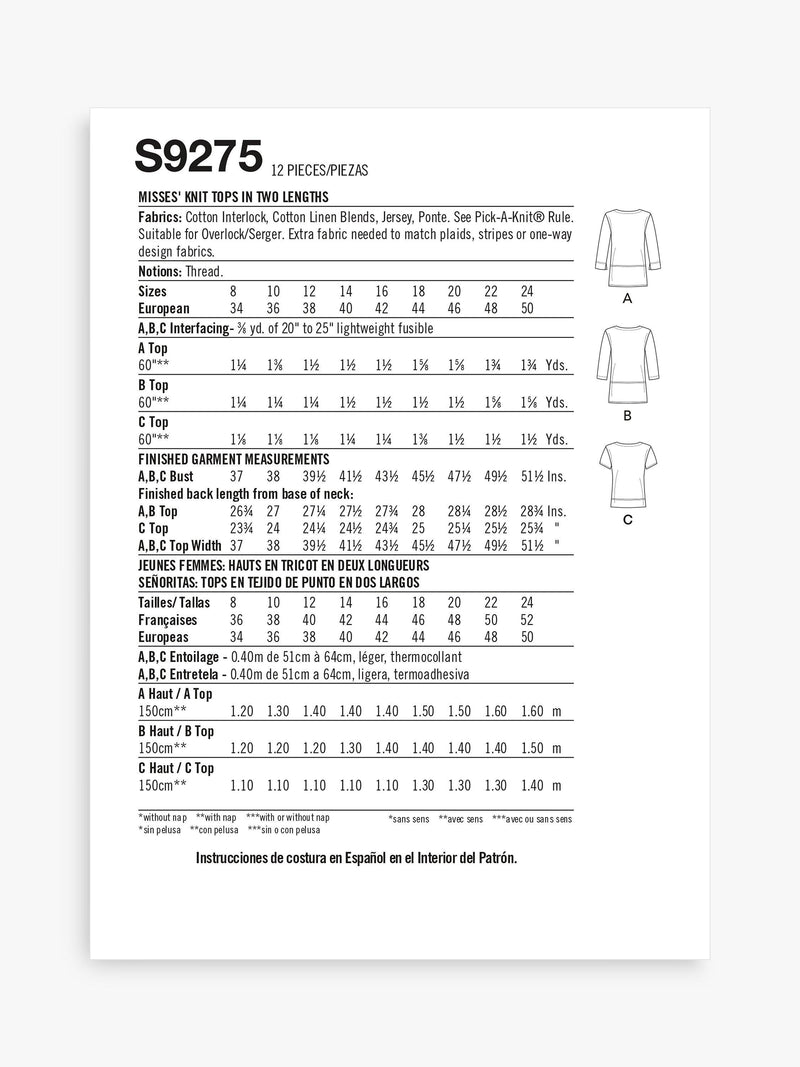 Simplicity Misses' Knit Tops sewing pattern S9275, imported from the UK