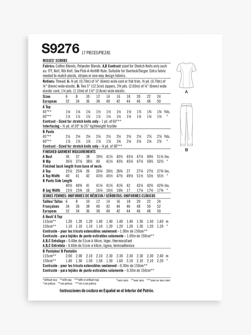 Simplicity sewing pattern for misses scrubs S9276 (British brand)