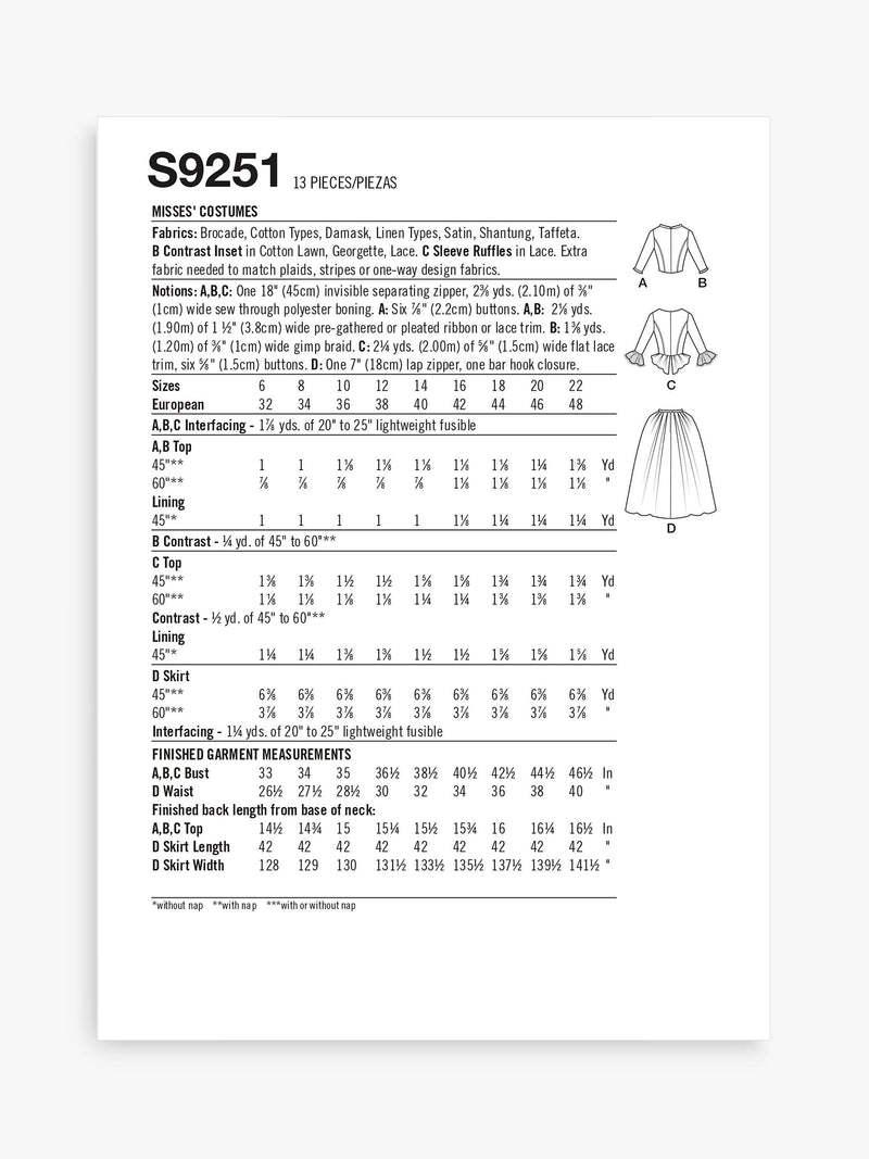 Simplicity 18th century dress sewing pattern S9251 (British brand)