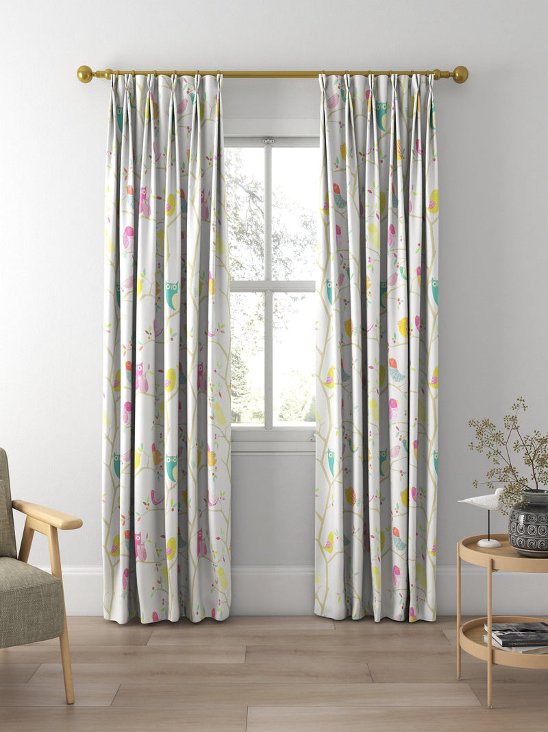 Harlequin What A Hoot curtains and roman blinds in pink aquamarine lime, imported from the UK