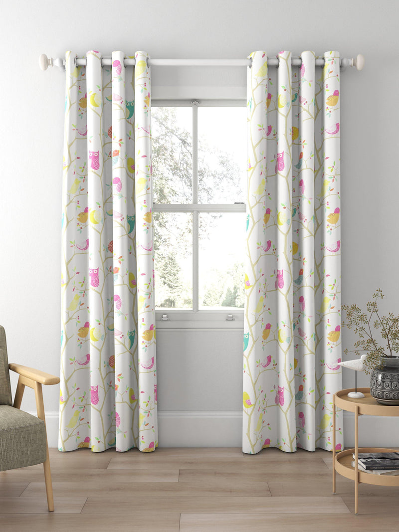Harlequin What A Hoot curtains and roman blinds in pink aquamarine lime, imported from the UK