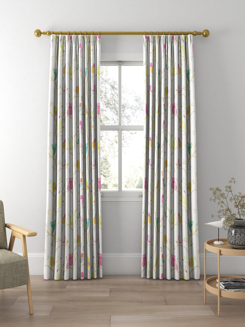 Harlequin What A Hoot curtains and roman blinds in pink aquamarine lime, imported from the UK