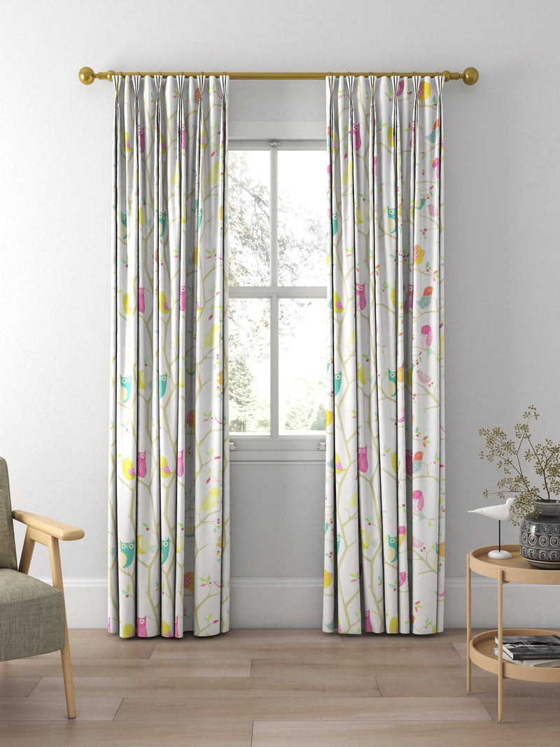 Harlequin What A Hoot curtains and roman blinds in pink aquamarine lime, imported from the UK