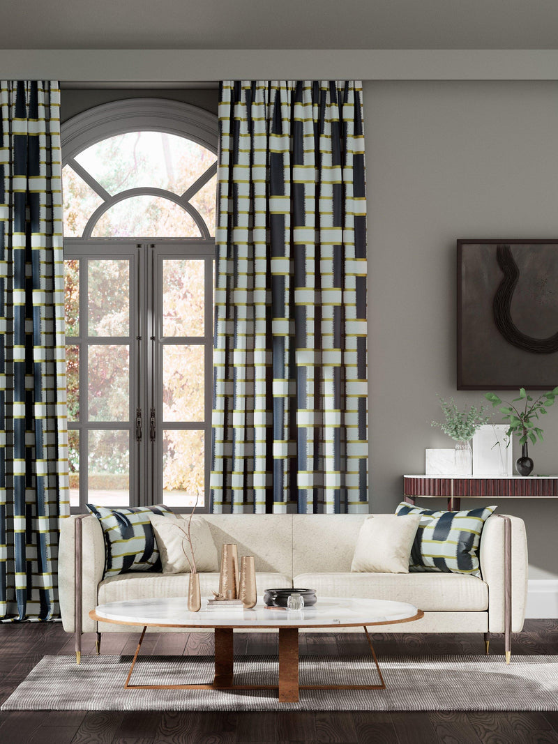 Harlequin Saki furnishing fabric geometric ikat design, imported from the UK