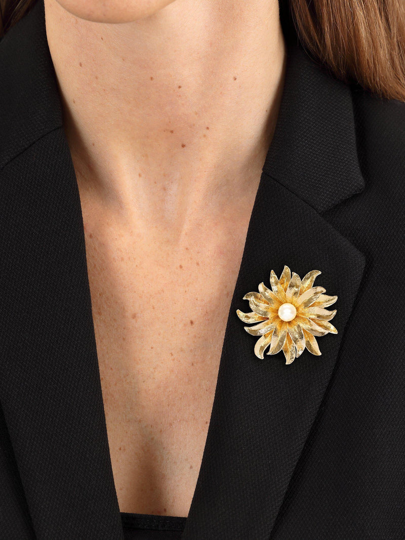 Eclectica faux pearl gold plated flower burst brooch, imported from the UK