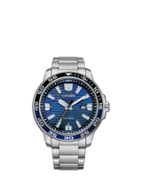 John Lewis Citizen AW1525-81L Men's Sport Date Bracelet Watch, Silver/Blue, 46mm- Buy online at McGrocer
