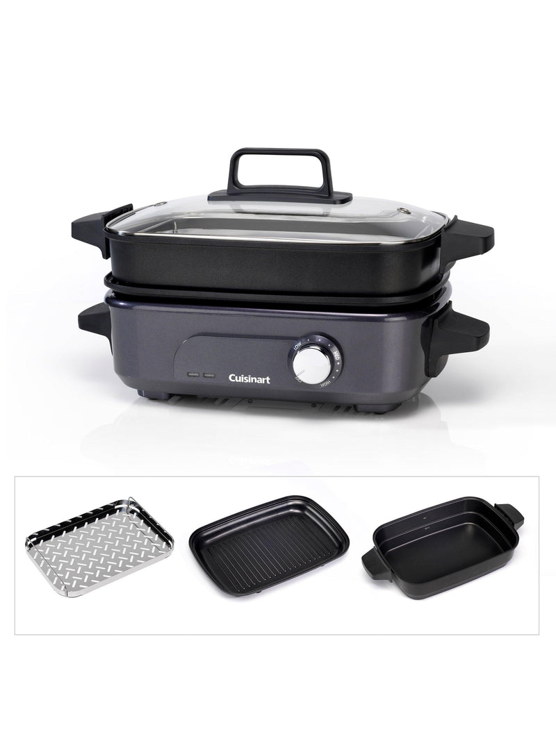 Compact Multi Cooker with Interchangeable Non-Stick Pans and Glass Lid