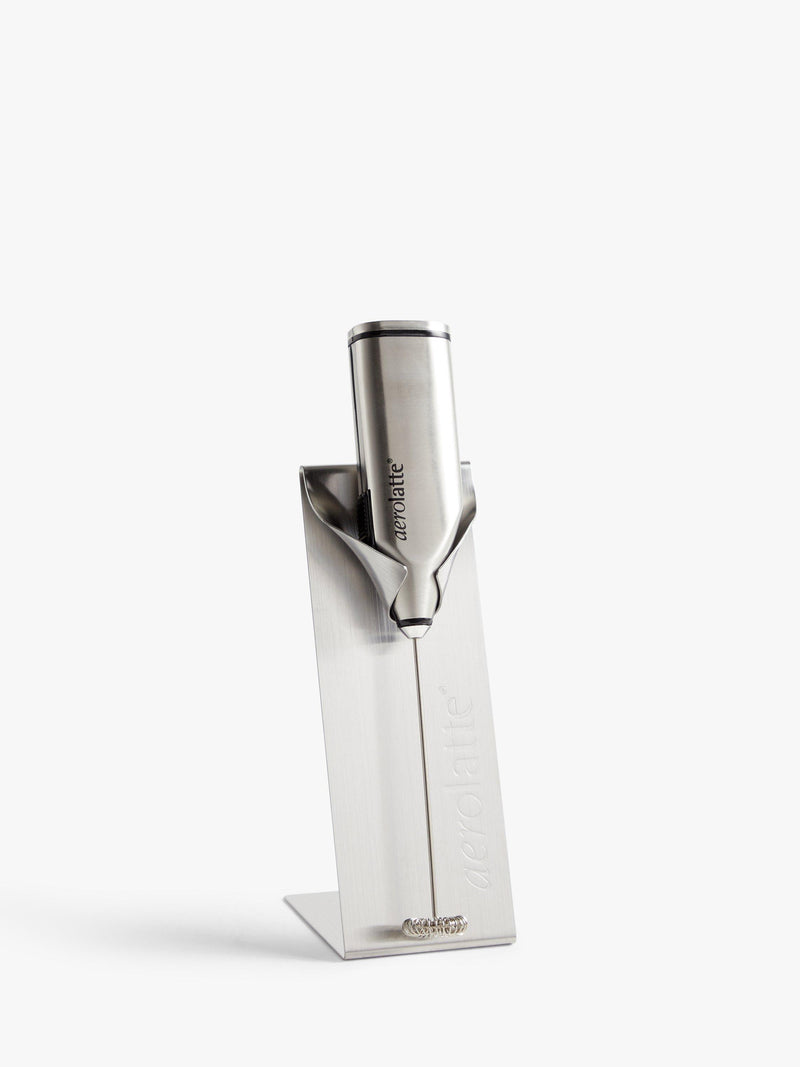 aerolatte handheld battery-operated stainless steel milk frother with kitchen stand - British product