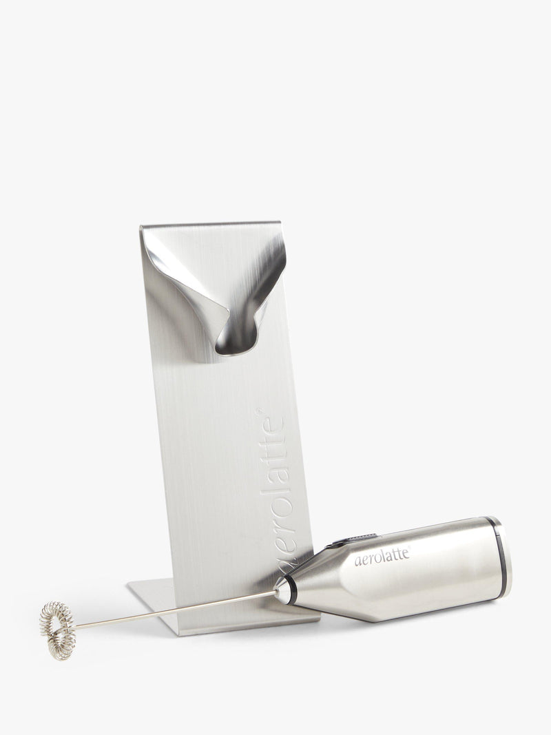 aerolatte handheld battery-operated stainless steel milk frother with kitchen stand - British product