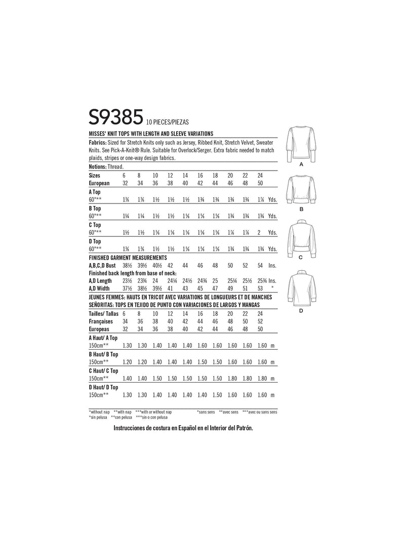 Simplicity sewing pattern women's tops 9385, UK version