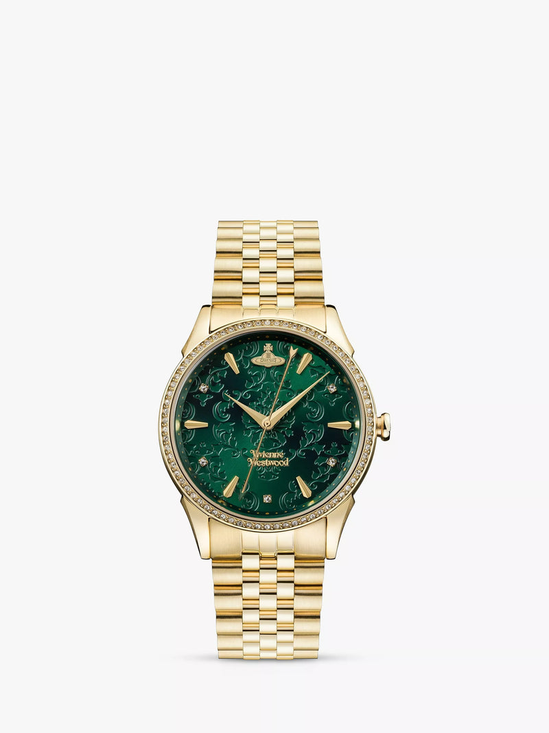 Vivienne Westwood The Wallace Swarovski crystal bracelet watch in gold and green (British brand)