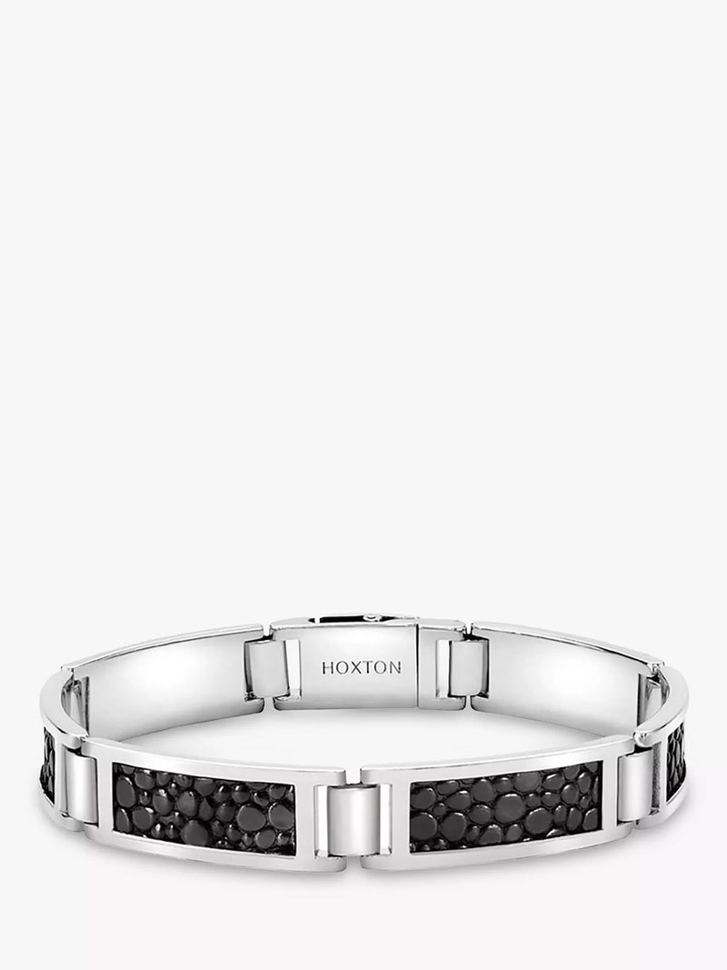 Hoxton London men's leather link bracelet silver black, UK version