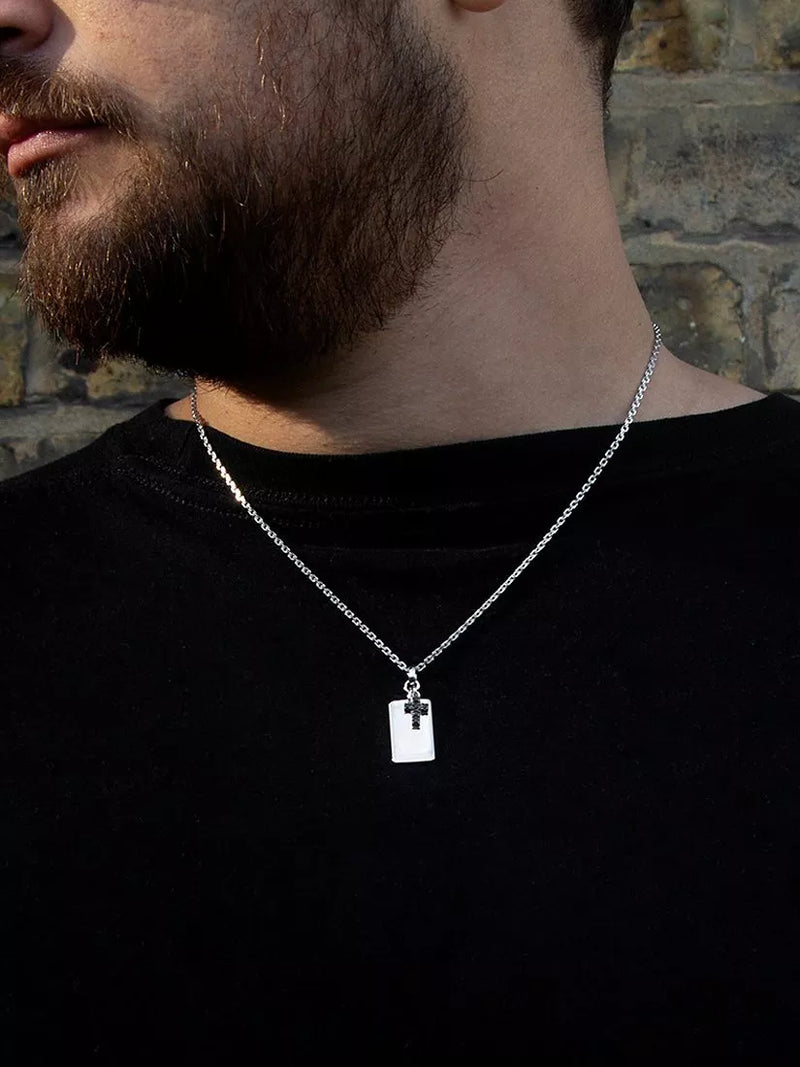 Hoxton London pendant necklace dog tag sapphire cross, UK version
