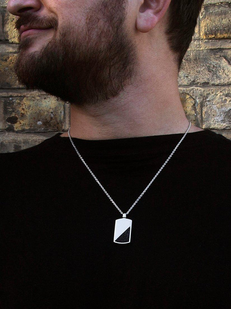 Hoxton London men's half leather dog tag necklace silver/black, UK version